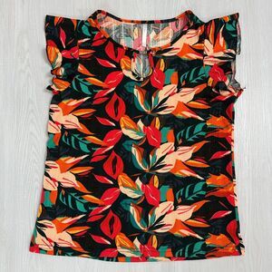Rene Ricci Women's Size M Red Orange Green Colorful Floral Ruffle Sleeve Top